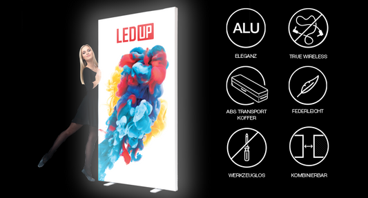 LED textile tension frame LED press wall, free-standing, in different widths and heights