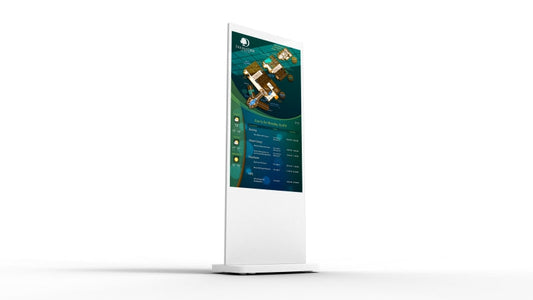 Free-standing digital information stele with multi-touch screen and Android media player, in white or black