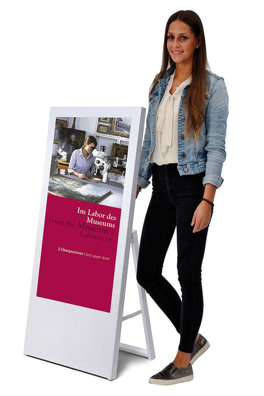 DigiStand Alone Kundenstopper 43 zoll, mit Laufrollen - modularedisplays.com