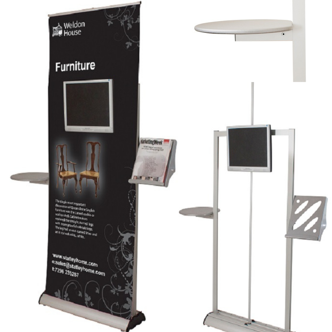 RollUp mit Monitorhalter, Ablage und Broschürenhalterung - modularedisplays.com